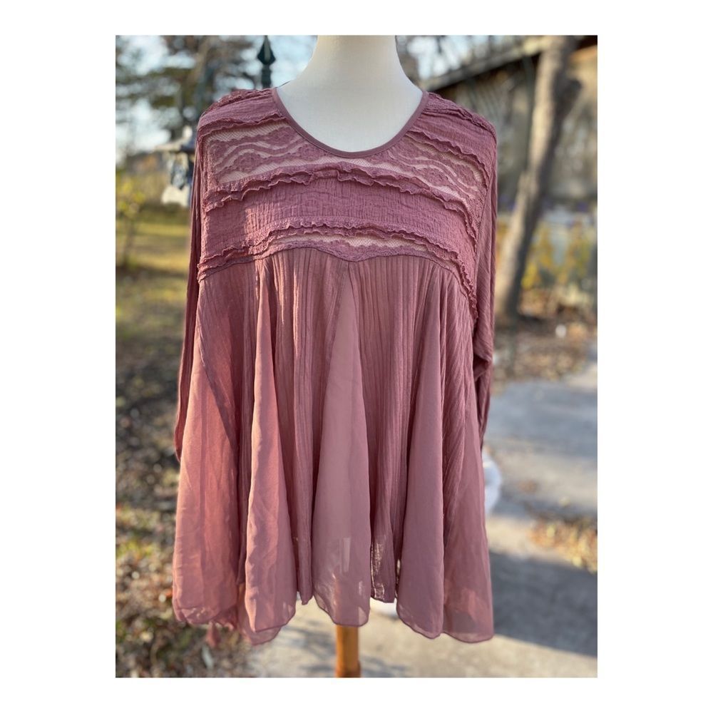 Free People Jojo Mixed Media Long Sleeve Lace Trim Top Size S NWT Dusty Rose